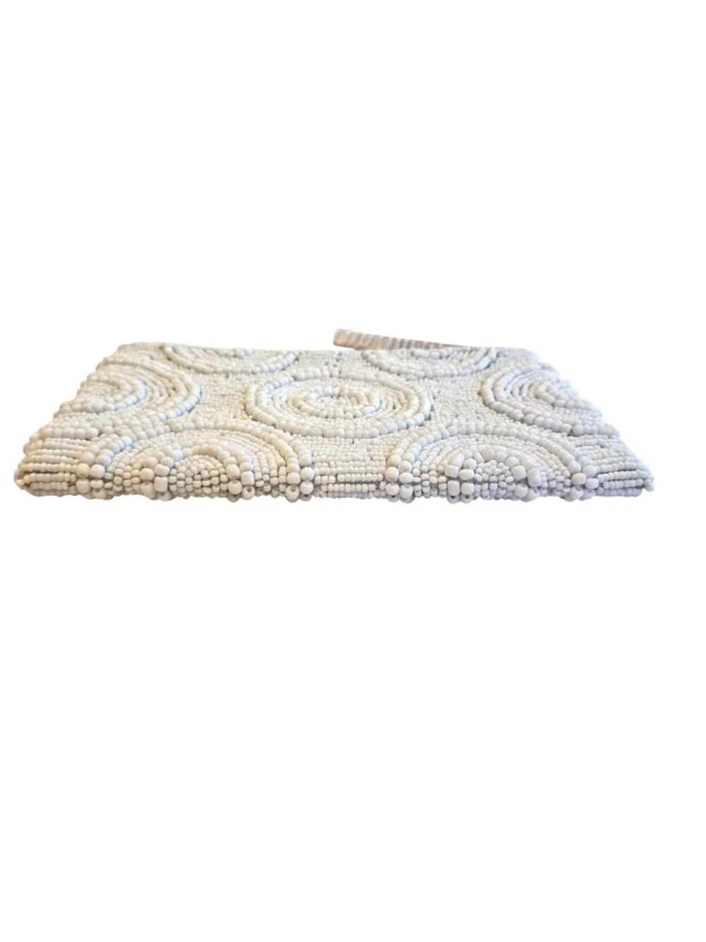 White Ivory Geometric Beaded Satin Lined Clutch Wristlet YKK Zipper